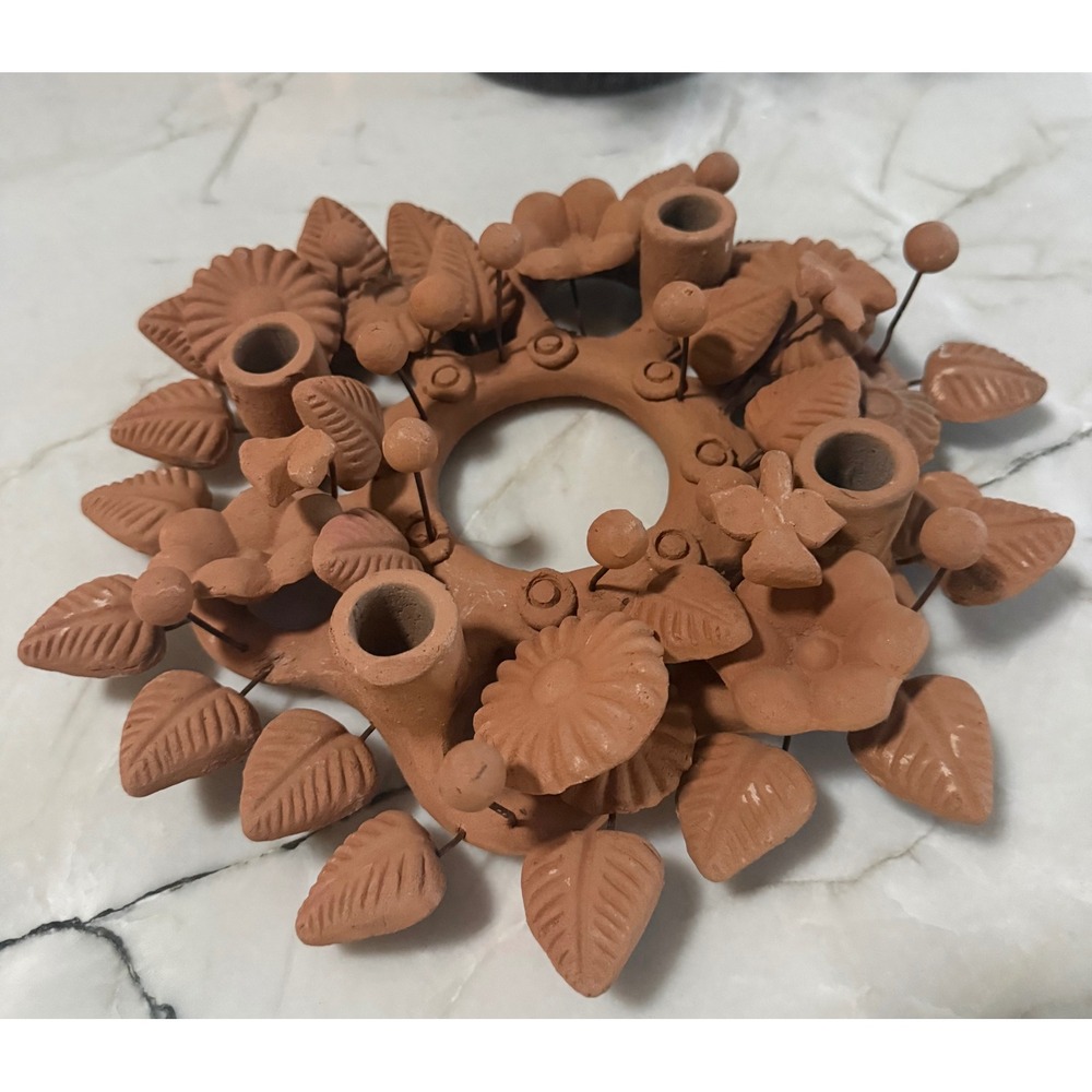 Vintage Mexican Folk Art Terracotta Clay Floral Wreath Candelabra Candle Holder